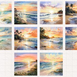 May include: Ten watercolor paintings of beach scenes at sunset. Each painting features a sandy beach, blue ocean waves, and a bright orange sunset. Some paintings include palm trees and a rocky shoreline.