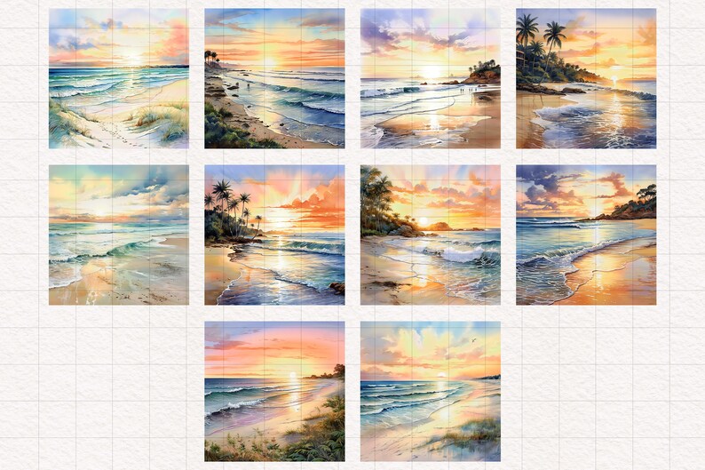 May include: Ten watercolor paintings of beach scenes at sunset. Each painting features a sandy beach, blue ocean waves, and a bright orange sunset. Some paintings include palm trees and a rocky shoreline.