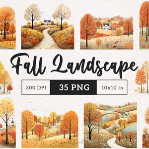 Clipart de paisagem de outono Boho Cenário de outono PNG Aquarela aconchegante Campo estético Outono Terreno Diário Scrapbook Sublimação clip art