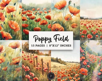 Poppy Field Junk Journal Papers - Cozy Spring - Watercolor Poppies Printable - Scrapbook Ephemera Digital Backgrounds JPG