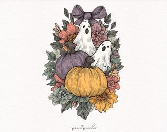 Floral Halloween Ghost PNG Spooky Season PNG Vintage Halloween design Pumpkin PNG Bow Fall Autumn Shirt Halloween Autumn Print on demand