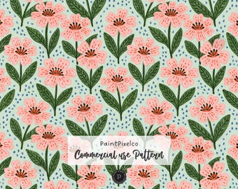 Maximalist Floral Seamless Pattern Pink Green Digital Paper Background (Commercial Use) (Digital Download)