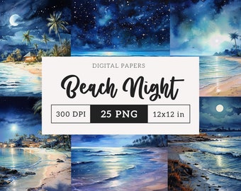 Beach Nightscape Digital Paper Set PNG Bundle Beach backdrop Sublimation Ocean graphics Junk Journal illustration Scrapbooking 12x12 paper