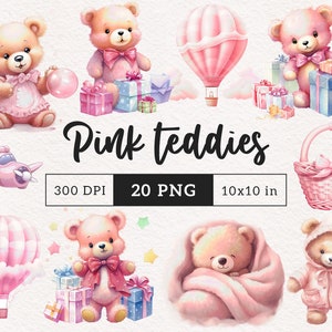Cute Teddy bear PNG clipart Chá de bebê para uma menina Berçário Clip art Balão ilustração gráfica PNGs Cartão de sublimação fazendo Ursinhos Kawaii