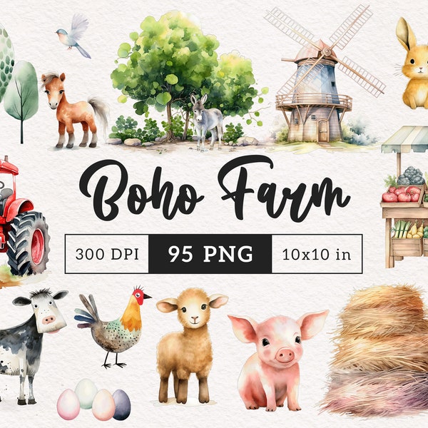 Boho Farm Animals PNG Clipart Watercolor Barn Animals Cow PNG Pig clipart Goat graphics Sheep illustration chicken Country side Sublimation