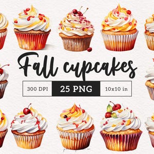 Herbst Cupcake Clipart Dessert PNG Aquarell Boho Herbst süße Leckereien Grafiken Herbst Obst Cupcake Ästhetik Kürbis Cupcake Cranberry DTF