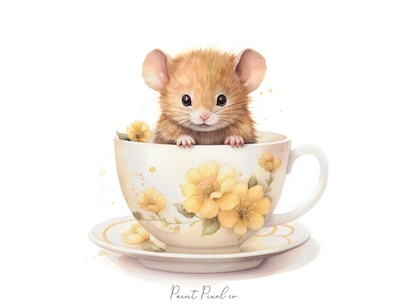 11 Mouse clipart High Quality JPGs Watercolor Cute Mice inside a tea cup clip art Sublimation Junk Journal Paper crafting Commercial License image 1