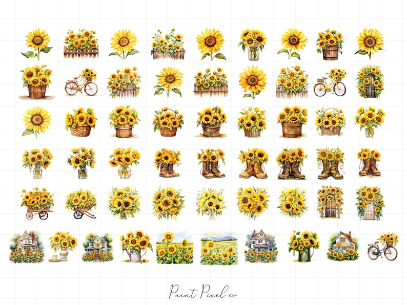 K&ouml;nnte beinhalten: Eine digitale Collage aus 48 Aquarell-Illustrationen von Sonnenblumen in verschiedenen Arrangements. Die Sonnenblumen sind in verschiedenen Umgebungen dargestellt, darunter K&ouml;rbe, Vasen und Wagen. Einige Sonnenblumen sind mit Stiefeln, Fahrr&auml;dern und H&auml;usern kombiniert.