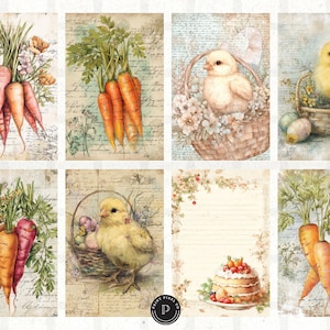 May include: A collection of eight vintage-style Easter-themed prints. The prints feature watercolor illustrations of carrots, chicks in baskets, and a layered cake. The color palette includes orange, yellow, green, and pastel tones, with a distressed paper background.