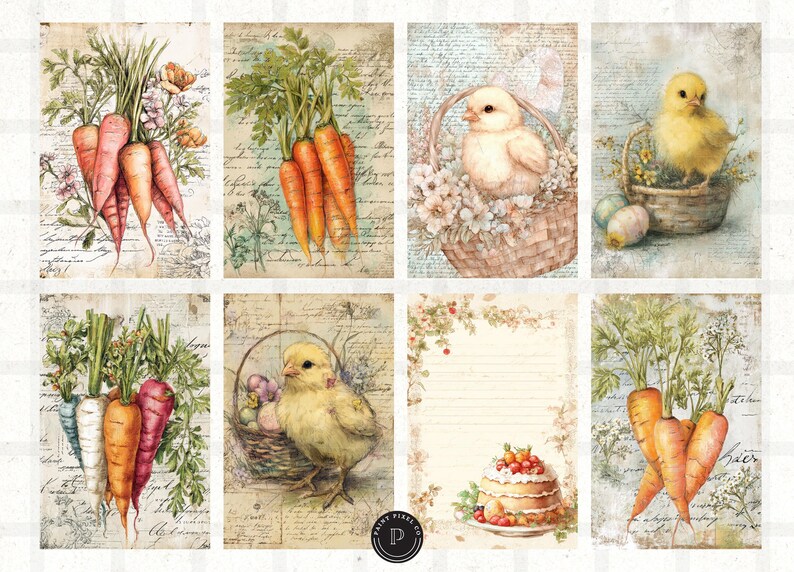 May include: A collection of eight vintage-style Easter-themed prints. The prints feature watercolor illustrations of carrots, chicks in baskets, and a layered cake. The color palette includes orange, yellow, green, and pastel tones, with a distressed paper background.
