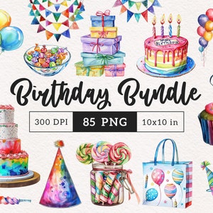 Joyeux anniversaire Clipart PNG arc-en-ciel articles de fête ballons boîte cadeau sucettes gâteaux anniversaire bannières sublimation clip art illustration graphique