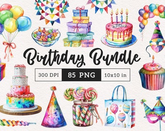 Happy Birthday Clipart PNG Rainbow Party items Balloons Gift box Lollipops cakes Birthday Banners Sublimation clip art graphic illustration
