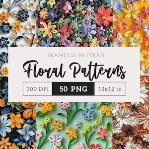 May include: A collection of 50 seamless floral patterns in various colors, including blue, green, yellow, orange, red, and white. The patterns are 12x12 inches and 300 DPI.