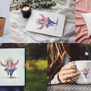 May include: A watercolor illustration of a woman with gray hair and glasses wearing a pink jacket and blue jeans. She is dancing with her arms raised in the air. The illustration is available on a variety of products, including a mug, pillow, and canvas print.