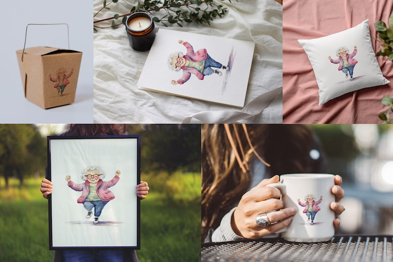 May include: A watercolor illustration of a woman with gray hair and glasses wearing a pink jacket and blue jeans. She is dancing with her arms raised in the air. The illustration is available on a variety of products, including a mug, pillow, and canvas print.
