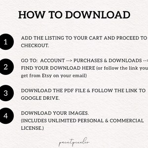 May include: A beige graphic with black text detailing how to download a digital product. The steps are numbered 1-4 in black circles. The text includes instructions to add the listing to your cart, find the download, and download the PDF file.