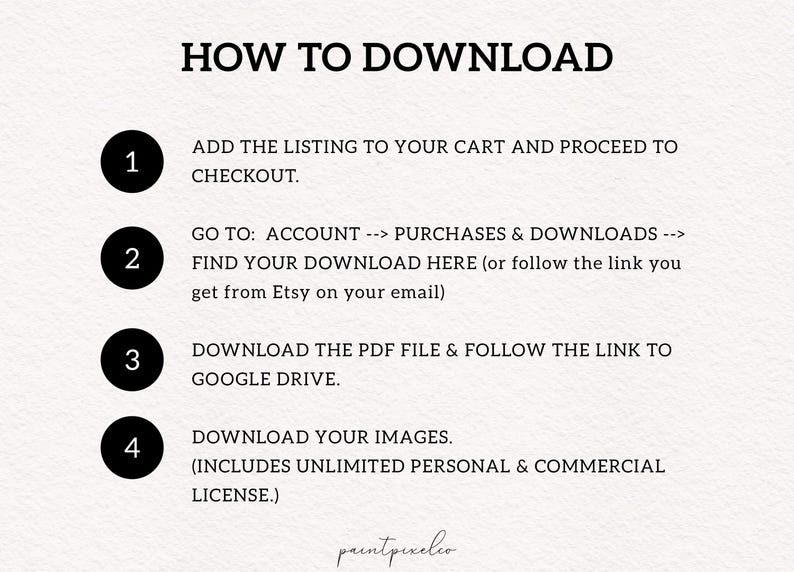 May include: A beige graphic with black text detailing how to download a digital product. The steps are numbered 1-4 in black circles. The text includes instructions to add the listing to your cart, find the download, and download the PDF file.