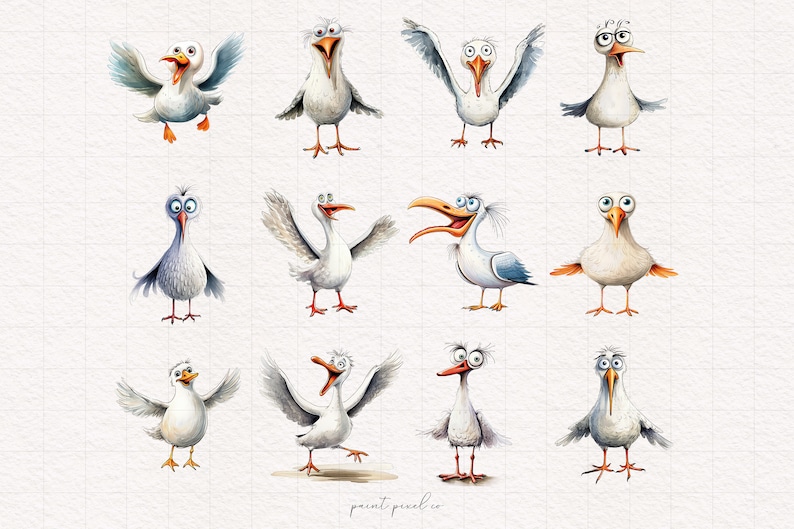 K&ouml;nnte beinhalten: Ein Set mit 12 Aquarell-Illustrationen von Cartoon-M&ouml;wen mit verschiedenen Ausdr&uuml;cken und Posen. Die M&ouml;wen sind wei&szlig; mit schwarzen Augen und Schn&auml;beln. Einige der M&ouml;wen tragen Brillen. Die Illustrationen sind auf wei&szlig;em Hintergrund.