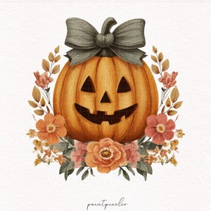 Pode incluir: Ilustração em aquarela de uma abóbora sorridente com um laço cinza. A abóbora é cercada por uma coroa de flores e folhas laranja e rosa, perfeita para decoração de Halloween.