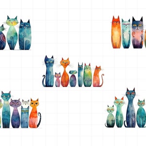 May include: A watercolor painting of a group of cats in various colors and poses. The cats are arranged in rows, with some looking to the side and others looking directly at the viewer. The painting is done in a whimsical style, with the cats having large eyes and expressive faces.