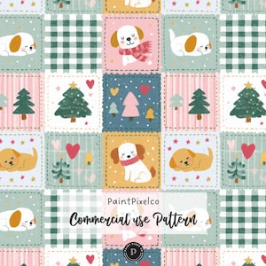 Op de afbeelding: Een herhalend digitaal patroon met vierkanten met illustraties van puppy's met rode sjaals, kerstbomen, hartjes en sterren. Het kleurenpalet bevat roze, groen, geel en wit. De tekst luidt PaintPixelco Commercial use Pattern.