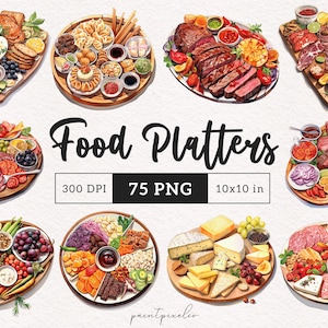 Essen Platten Clipart Charcuterie PNG Deli Käse Käsebrett Grafiken Obst Tabletts Illustration Papier Handwerk Scrapbook Printable Kunst