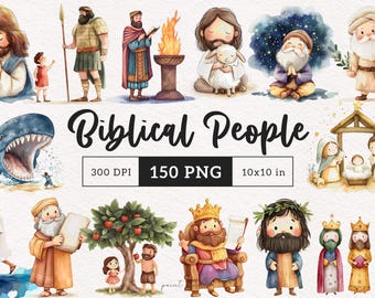 Biblical Characters clipart Watercolor Bible People Whimsy Christian Holiday Cute cartoon Sublimation Junk Journal xmas PNG Jesus Mary Moses