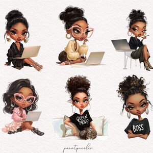 May include: Digital art print featuring six illustrations of Black women in various poses, each with a laptop. The women are depicted in stylish outfits, with accessories like glasses and jewelry. The overall theme is empowerment and modern femininity.