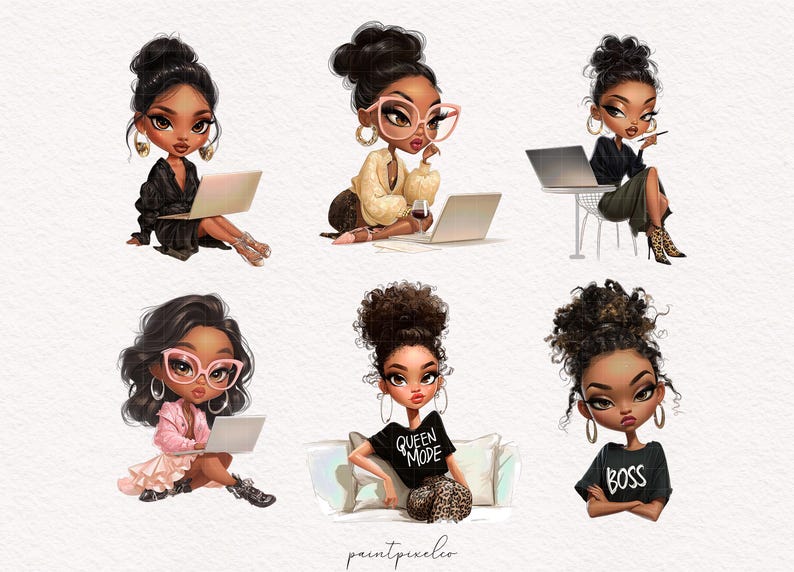 May include: Digital art print featuring six illustrations of Black women in various poses, each with a laptop. The women are depicted in stylish outfits, with accessories like glasses and jewelry. The overall theme is empowerment and modern femininity.