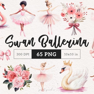Bailarina Rosa Clipart Ballet Girl Swan PNG Ilustração em aquarela Fofa Bailarina Afro Princesa Tutu Aniversário Junk Journal DTF Scrapbooking