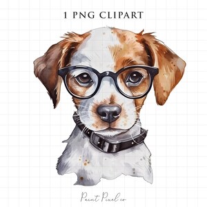 Watercolor Dog Clipart PNG Puppy Nerdy Clipart Sublimation Dog in glasses card making scrapbook Junk journal paper craft commercial use