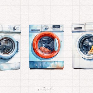 May include: Three watercolour illustrations of washing machines. The washing machines are white with a silver door and a blue and white interior. The middle washing machine has a red door.