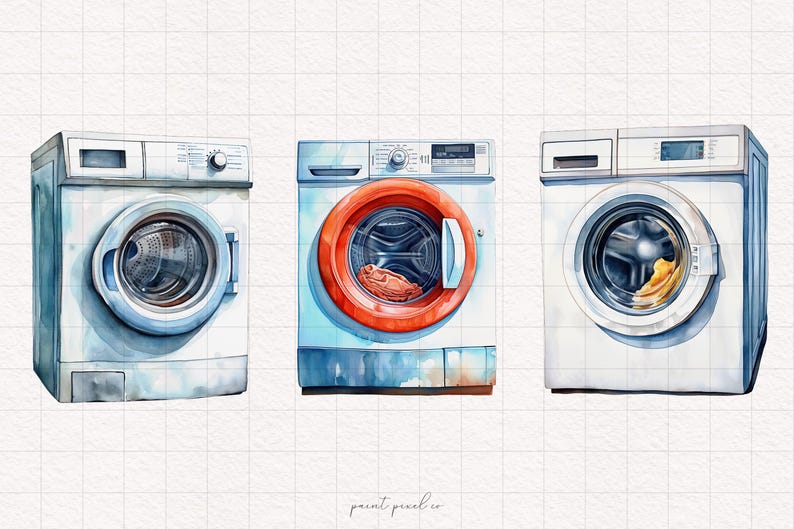 May include: Three watercolour illustrations of washing machines. The washing machines are white with a silver door and a blue and white interior. The middle washing machine has a red door.