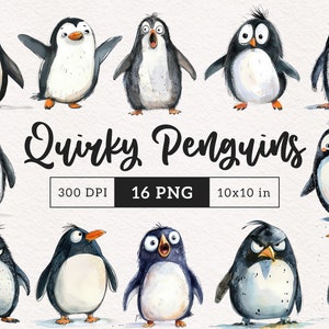 Quirky Penguin Clipart Divertidos pájaros de invierno Ártico caprichoso acuarela Pingüinos PNG Invierno Aves Sublimación Antártida ilustración de vida silvestre