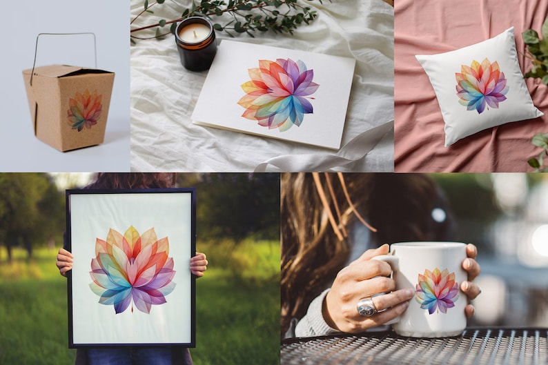 May include: A colorful watercolor illustration of a stylized flower with overlapping petals in shades of red, orange, yellow, green, blue, purple, and pink. The illustration is available on a variety of products, including a mug, pillow, tote bag, and framed print.