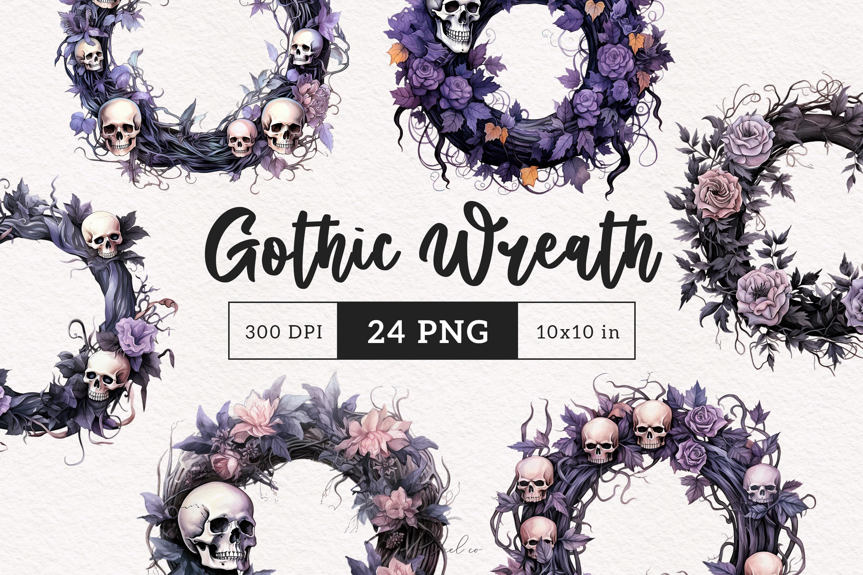 Gothic Wreath PNG Halloween Clipart Whimsical Spooky wreath graphics skull Raven Silly Sublimation clip art Whimsy illustration DTF Crafting