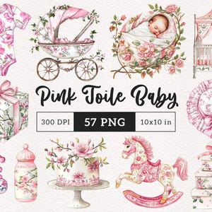 Roze Toile Baby Shower Clipart chinoiserie PNG aquarel pasgeboren meisje Franse kwekerij Toile De Jouy kaart maken afdrukbare digitale stickers