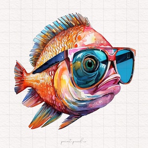 22 Pez lubina PNG Pez lubina divertido con gafas de sol Acuarela Clipart de lubina PNG Clip art de pesca Ilustración de gafas de peces Impresión gráfica