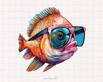 22 Bass Fish PNG Funny Bass Fish with sunglasses Watercolor Bass Clipart PNG Fishing clip art Fishes glasses illustration Graphic Print