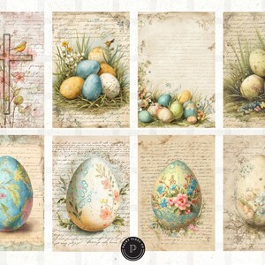 May include: A collection of eight vintage-style Easter-themed cards. The cards feature watercolor illustrations of Easter eggs, crosses, and floral arrangements, set against a backdrop of aged paper with handwritten script.