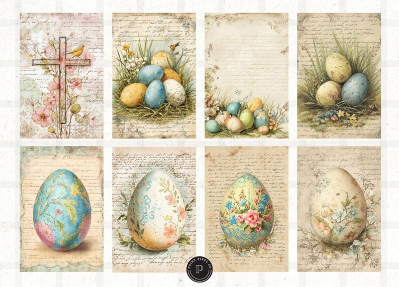 May include: A collection of eight vintage-style Easter-themed cards. The cards feature watercolor illustrations of Easter eggs, crosses, and floral arrangements, set against a backdrop of aged paper with handwritten script.