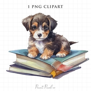 Hund Clipart PNG Aquarell Hund Bücherwurm Clipart Reading Puppy PNG Niedlich Clipart Sublimation Karte machen Scrapbook Papier Handwerk kommerzielle Nutzung