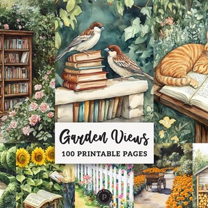 May include: A watercolour illustration titled "Garden Views" with 100 printable pages. The image shows various garden scenes, including a bookshelf, birds on books, a cat reading, and a garden path. The overall colour palette is soft and natural.