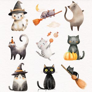 21 Cute Halloween Cats Clipart Watercolor Spooky Cat Cute Horror PNG Fall Festive Autumn card making graphics Commercial Use Download