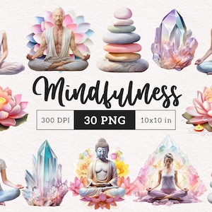 Mindfulness Clipart Zen PNG empilage de roches aquarelle personnes méditant Bouddha Sublimation cristaux Lotus artisanat fabrication de cartes usage Commercial