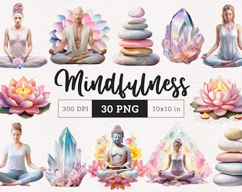 Mindfulness Clipart Zen PNG stacking Rocks Watercolor meditating people Buddha Sublimation Crystals Lotus Craft Card making Commercial use