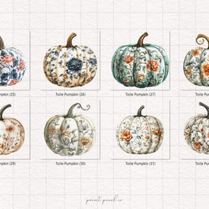 Peut inclure: Une collection de huit citrouilles &agrave; l'aquarelle avec des motifs floraux. Chaque citrouille a un design unique, avec des couleurs vari&eacute;es comme le bleu, l'orange et le vert. Les citrouilles sont &eacute;tiquet&eacute;es "Toile Pumpkin" avec les num&eacute;ros 25 &agrave; 32.