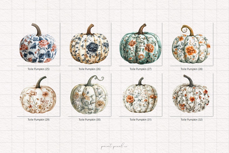 Peut inclure: Une collection de huit citrouilles &agrave; l'aquarelle avec des motifs floraux. Chaque citrouille a un design unique, avec des couleurs vari&eacute;es comme le bleu, l'orange et le vert. Les citrouilles sont &eacute;tiquet&eacute;es "Toile Pumpkin" avec les num&eacute;ros 25 &agrave; 32.