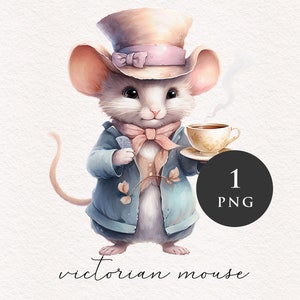 Mouse drinking tea PNG clipart vintage animal Clip art nursery adorable rodent graphics woodland PNGs Sublimation Card making Journaling