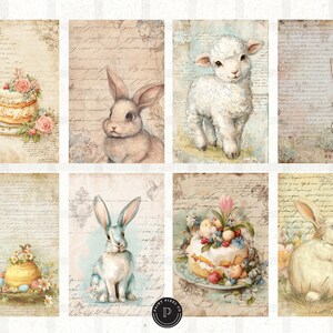 May include: A collage of eight vintage-style Easter-themed illustrations. The images include a lamb, rabbits, cakes, and an Easter egg basket, all set against a backdrop of aged paper with script.